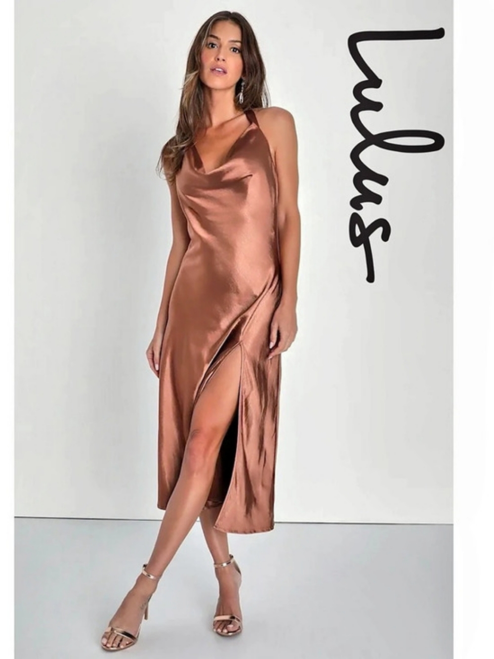 Lulus -All Sophisticated Impression Brown Satin Backless Cowl Midi Dress - Small